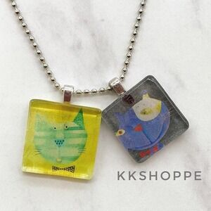 Whimsical‎ Cat Pendant Necklace Square Charms, 17" Sterling Silver S925 Chain